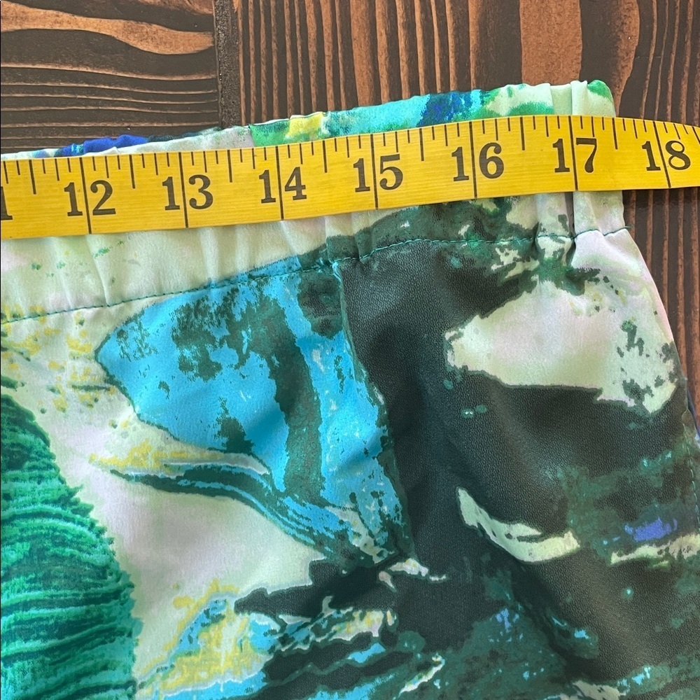 Timeless Naeem Khan Watercolor Abstract Green and Blue Wide Leg Pull Up Pants - Picture 8 of 11